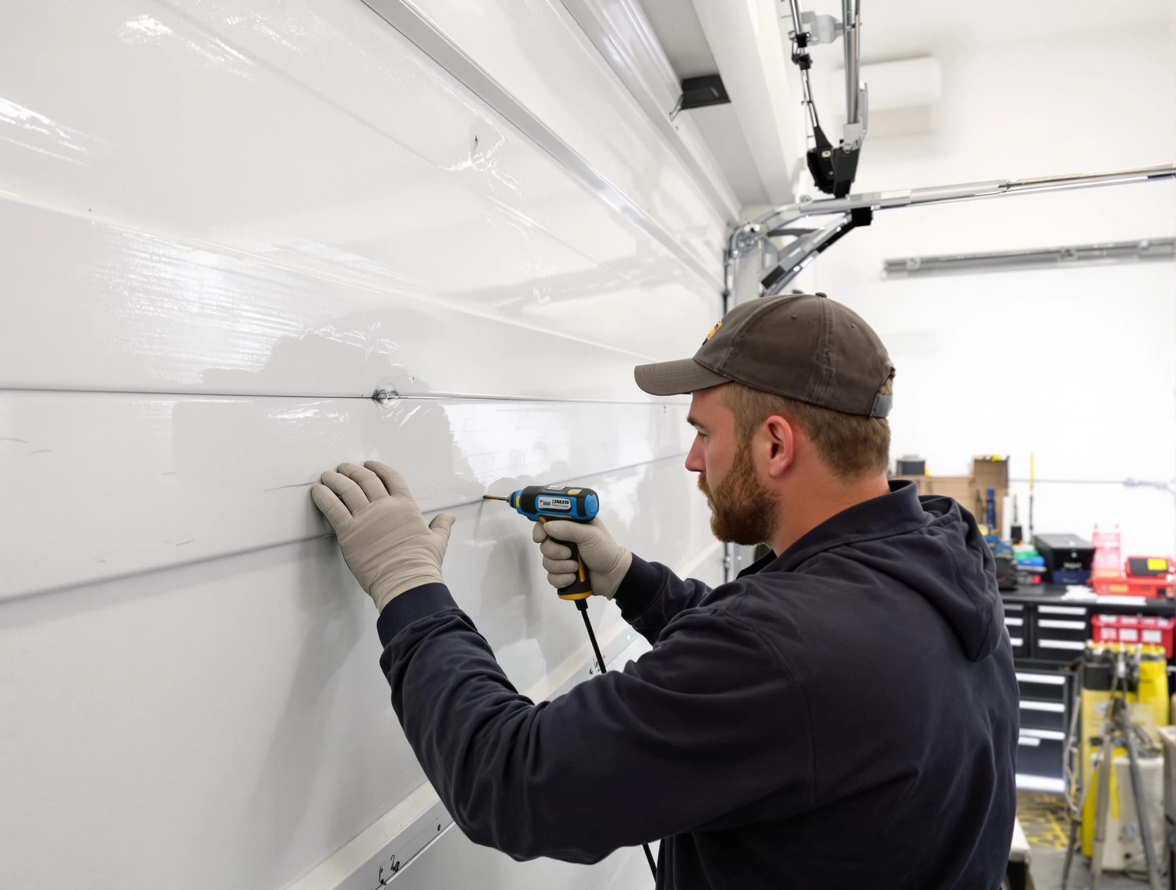 Los Ranchos de Albuquerque Garage Door Repair technician demonstrating precision dent removal techniques on a Los Ranchos de Albuquerque garage door
